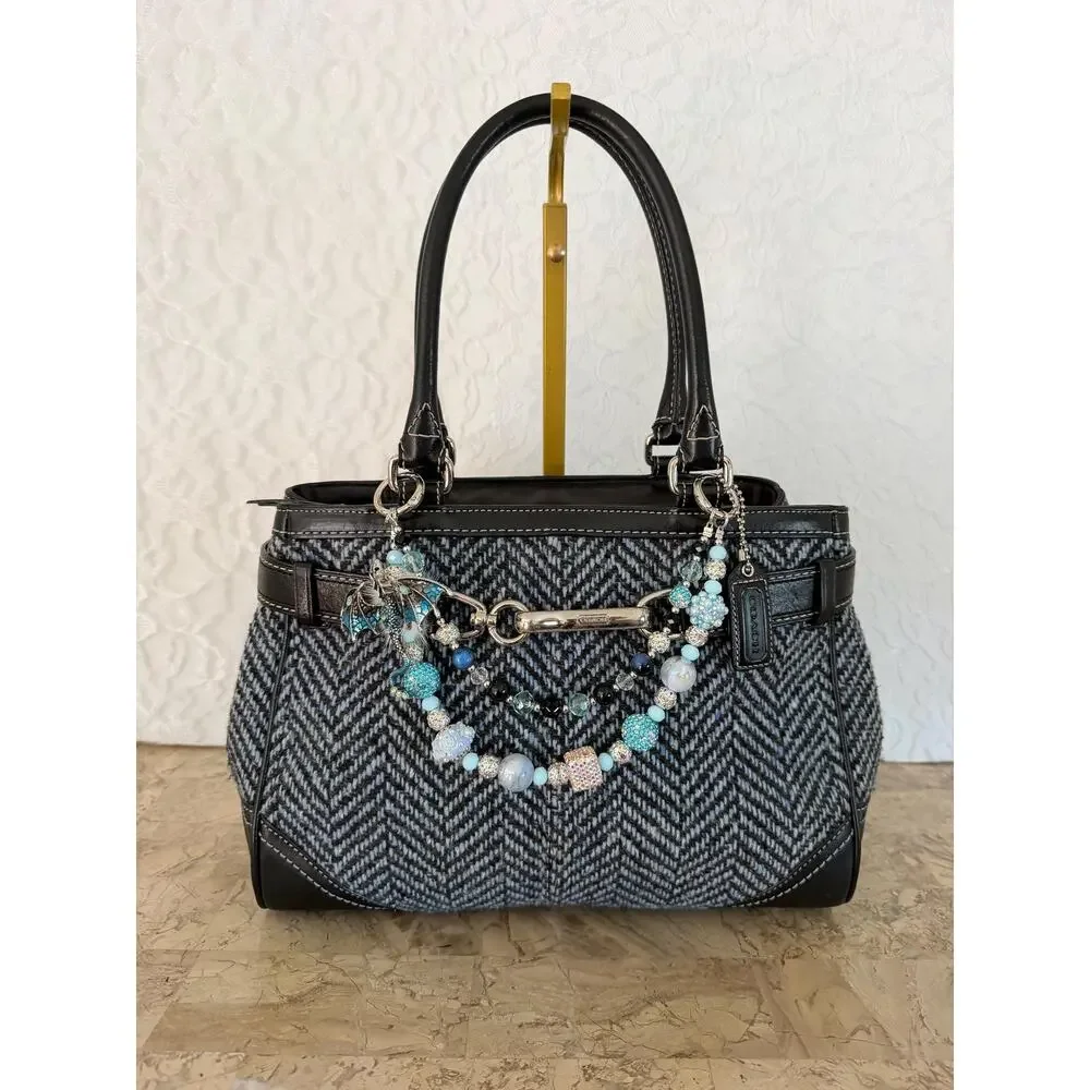 Vtg Coach Hampton Black Tweed fabric Leather carryall Hamilton Satchel Bag 11215